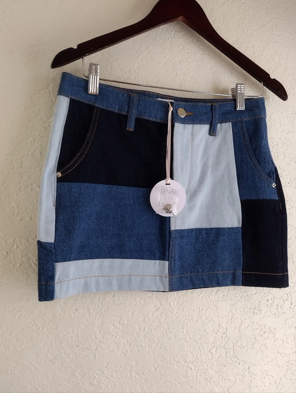 More To Come Korie Patch Mini Skirt in Blue Multi